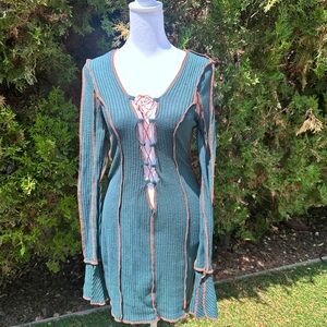 Women’s SHEIN Elegant Green and Orange Knit Lace Up Dress Wrist Flare